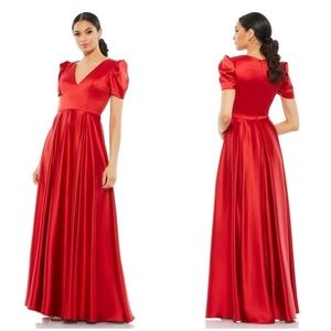 IEENA FOR MAC DUGGAL Puff Sleeve V-Neck Satin Gown